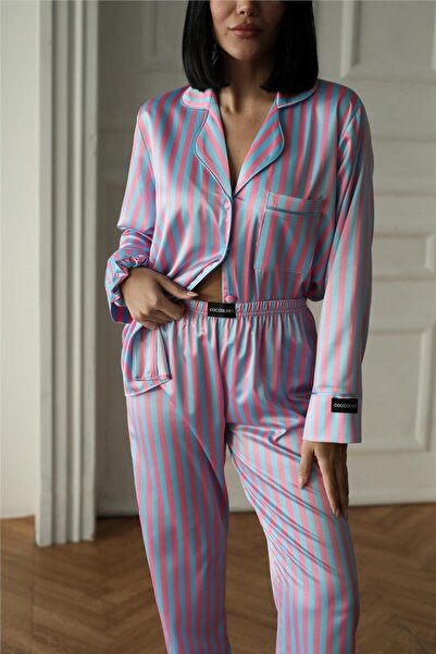 COCCOLARSI Strisce Fucsia Azzurro Saten Uzun Pijama Takımı (Geniş Beden Aralığı)