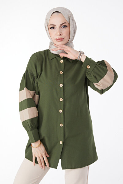TOFİSA Plain Shirt Collar Women's Khaki Balloon Sleeve Garnished Tunic - 13158