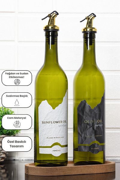 homence 750ml Glass Oil Pot Olive Oil and Sunflower Oil Bottle - with Wooden Stand 2 Label