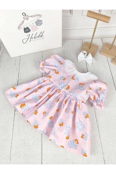 Hobidik Țesătură poplin din bumbac - rochie cu decolteu festonat cu model de flori roz