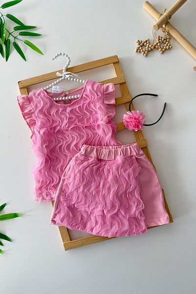 Minigimin Cicileri My Little One's Cicileri Tulle S Detailed Girl's Crowned Shorts and Skirt Girl's 3-Piece Set - Pink