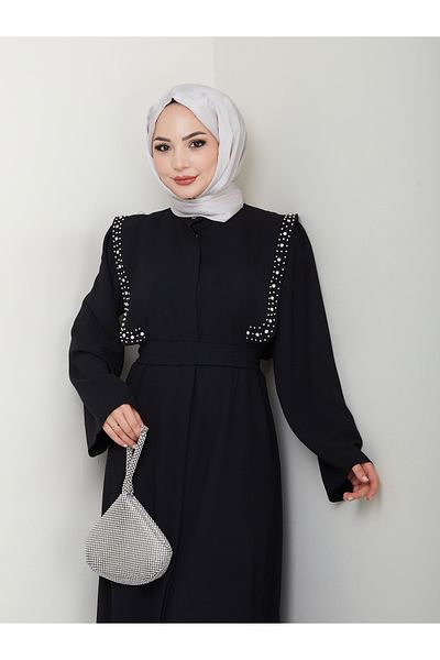 EFSUN MODA Stoned Abaya Hijab Clothing Γυναικείο Φόρεμα Φεράκι Μαύρο