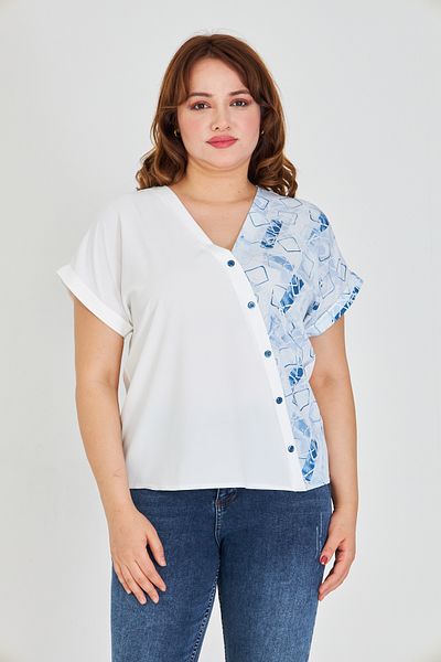 UNIQUE LADY Women S V-Neck Asymmetrical Print Blouse with Ornamental Button Detail - for Casual and Stylish Combinations