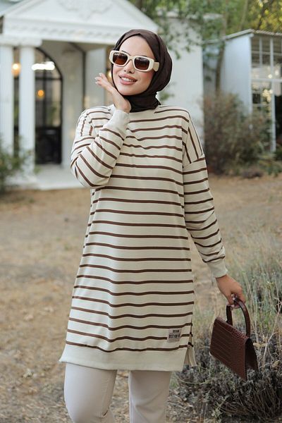 TOFİSA Women's Crew Neck Striped Crested Tunic - 26564 Brown - 26564