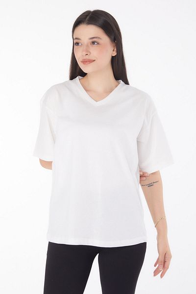 TOFİSA V-Neck T-Shirt Ecru - 25767