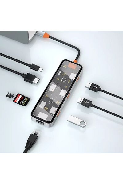 ideal STORE Hub Transparent Adaptor Multiport 7 in 1, USB Type-C, HDMI UHD 4K, USB 3.0, SD/TF Card Reader