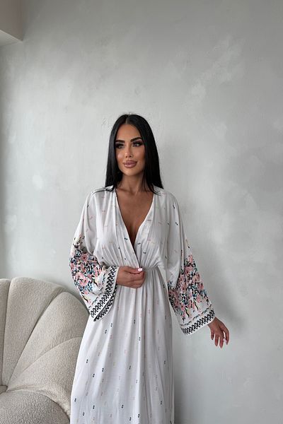 LİLA İSTANBUL Double Breasted Collar Viscose Fabric Ethnic Patterned Bat Sleeve Summer Dress