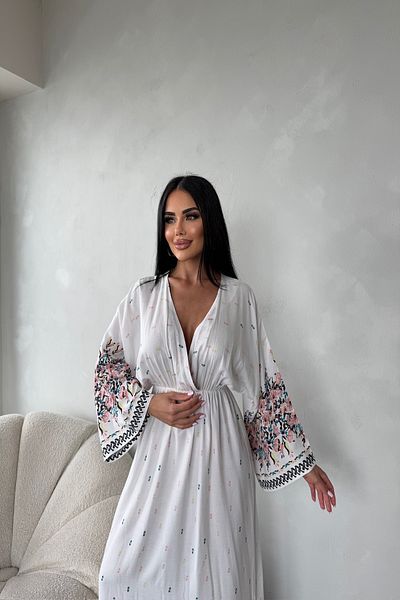 LİLA İSTANBUL Double Breasted Collar Viscose Fabric Ethnic Patterned Bat Sleeve Summer Dress