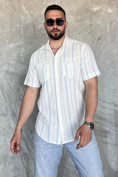 MİSHAR İTALİA Μπλε ανδρικό κοντομάνικο πουκάμισο με διπλή τσέπη