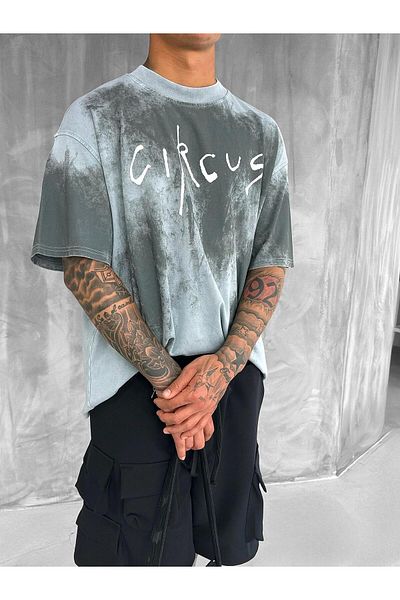 ablukaonline Men's Cirsus Printed Washed Oversize T-Shirt Gray