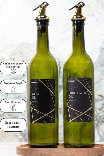 homence Olive Oil and Sunflower Oil Bottle with Gold Label with Wooden Stand - 750ml Glass Oil Pot Set