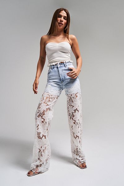 its basic Blugi de damă Culoare 12s5-100 Blugi din dantelă Blugi din denim cu design detaliat din dantelă, cu două piese, cu croiala dreaptă