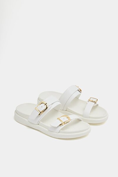 Madamra White Women's Double Buckle Casual Slippers – Comfortable Trendy Design