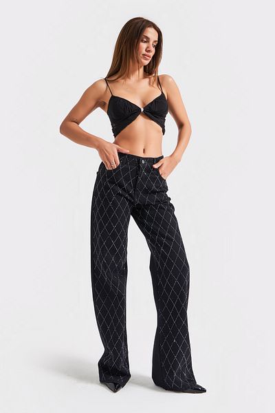 its basic Dámská černá barva Rita přední část plná kamínků Straight Fit střední pas Denim