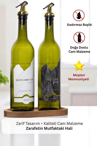 homence 750ml Glass Oil Pot Olive Oil and Sunflower Oil Bottle - with Wooden Stand 2 Label