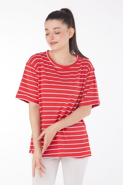 TOFİSA Striped Short Sleeve T-Shirt Red - 25840