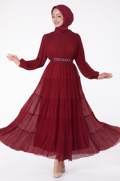 TOFİSA Pleated Evening Dress Burgundy - 26198