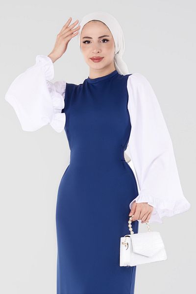 TOFİSA Spanish Sleeve Detailed Dress Navy Blue - 13195