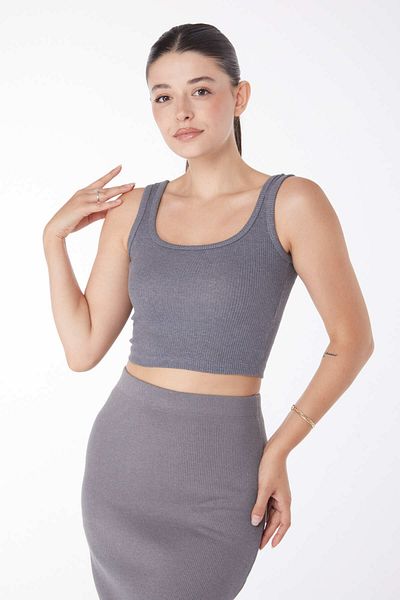 TOFİSA Square Neck Short Sleeve Crop Smoked - 24439