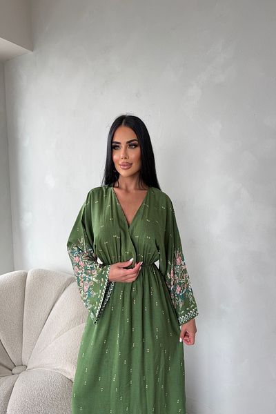 LİLA İSTANBUL Double Breasted Collar Viscose Fabric Ethnic Patterned Bat Sleeve Summer Dress