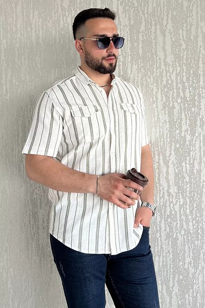 MİSHAR İTALİA Ανδρικό ριγέ κοντομάνικο πουκάμισο με διπλή τσέπη