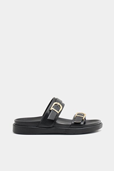 Madamra Black Women's Double Buckle Casual Slippers – Comfortable Trendy Design