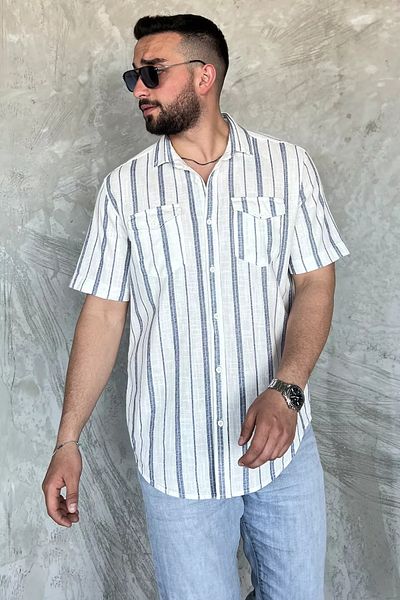 MİSHAR İTALİA Ανδρικό κοντομάνικο πουκάμισο με διπλή τσέπη Navy Blue