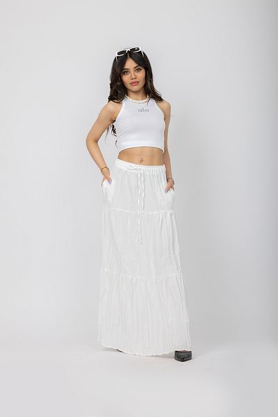 Stil Sepeti Fusta maxi din in moale, albă, cu talie elastică, cu șireturi DRL- 1000230040