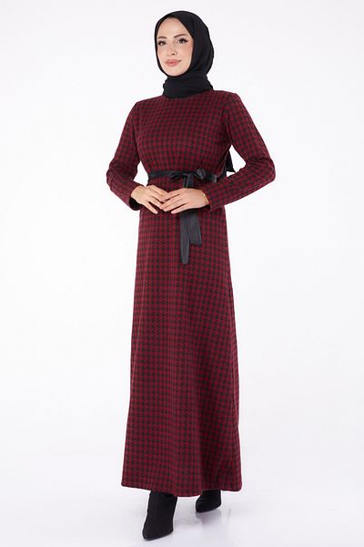 TOFİSA Belted Dress Burgundy - 13322