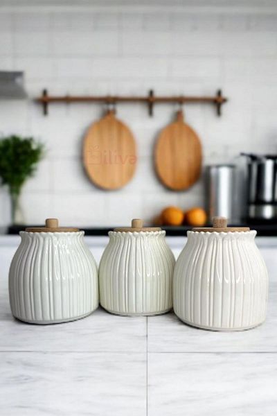 İLİVA 3-Piece Daisy Pattern Wooden Lid Coffee, Tea, Sugar, Salt Spice Rack, Storage Container, Jar