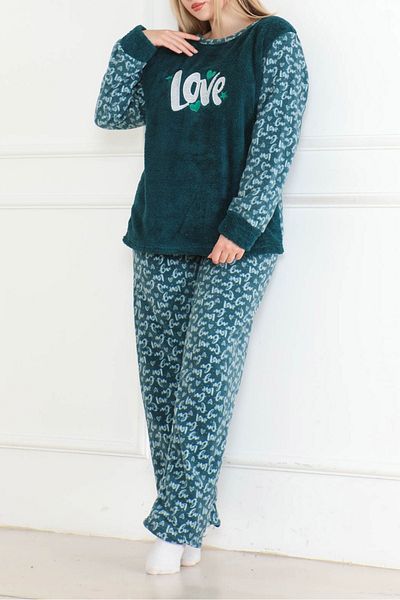 TOFİSA Embroidered Plush Fleece Pajama Set Petrol - 26642