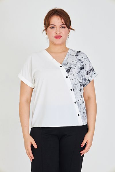 UNIQUE LADY Women S V-Neck Asymmetrical Print Blouse with Ornamental Button Detail - for Casual and Stylish Combinations