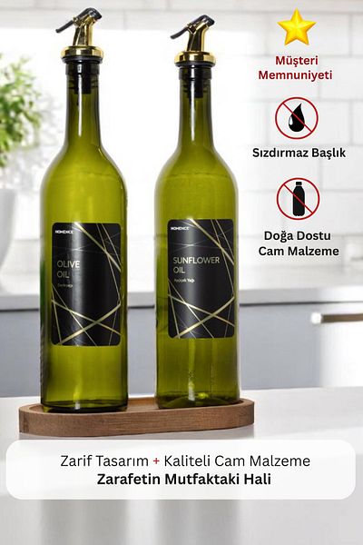 homence Olive Oil and Sunflower Oil Bottle with Gold Label with Wooden Stand - 750ml Glass Oil Pot Set