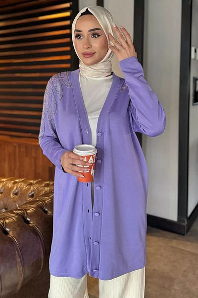 julude Lilac Shoulder Stone Hijab Knitwear Cardigan