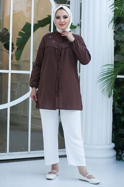TOFİSA Straight Judge Collar Women's Brown Tunic - 10766
