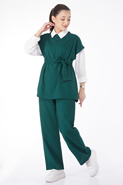 TOFİSA Green Short Sleeve Crew Neck Women's Double Suit - 13133