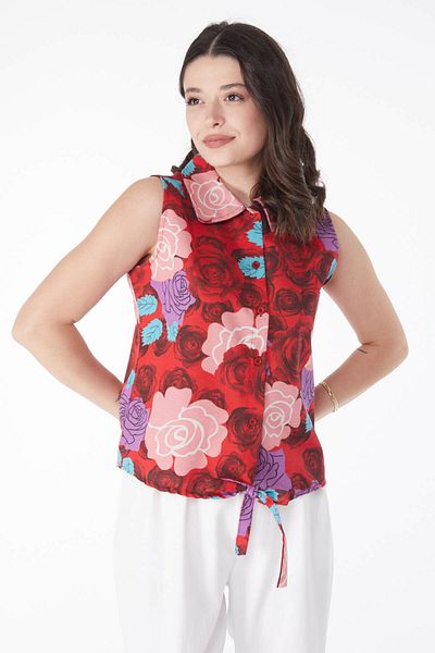 TOFİSA Tie Waist Patterned Shirt Red - 13181