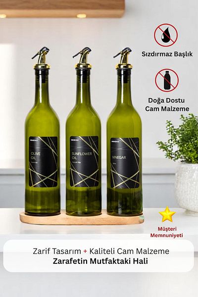 homence 3-Piece Gold Label Olive Oil and Sunflower Oil with Wooden Stand - 750ml Glass Oil Pot Vinegar
