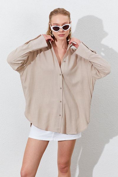 TENA Cămașă de in oversize bej închis pentru femei