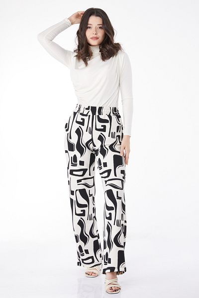 TOFİSA Patterned Trousers White Black - 25117