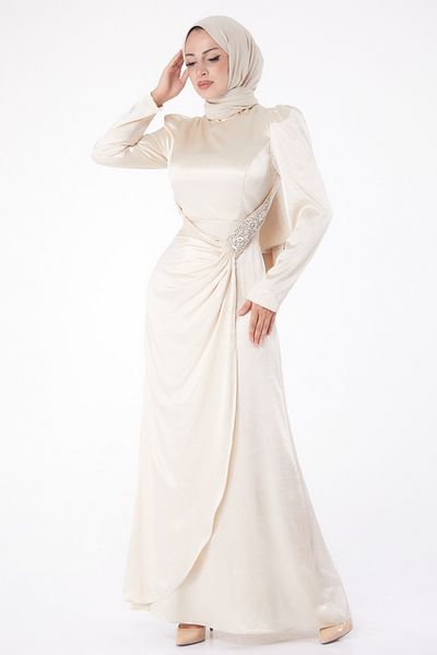 TOFİSA Stone Evening Dress Beige - 26192
