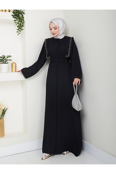 EFSUN MODA Stoned Abaya Hijab Clothing Γυναικείο Φόρεμα Φεράκι Μαύρο