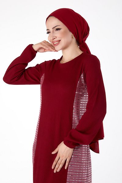 TOFİSA Glittered Ribbed Dress Claret Red - 25628