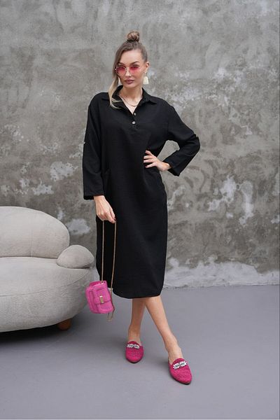 MODAMOR Black Button Detailed Loose Women's Tunic Dress