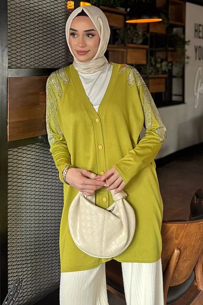 julude Oil Green Shoulder Stone Hijab Knitwear Cardigan