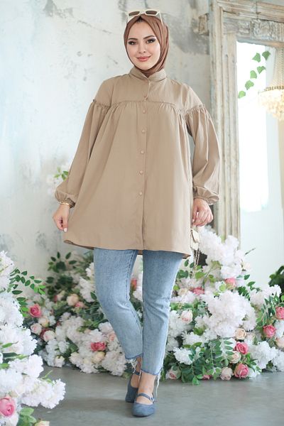 TOFİSA Shirred Shirt Beige - 13136