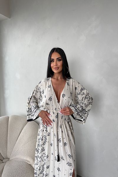 LİLA İSTANBUL Double Breasted Collar Gipeli Viscose Fabric Floral Patterned Bat Sleeve Summer Dress