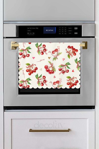 decofav Watercolor Cherries and Texts Digital Printed Laser Cut Seamless Oven Cover - 40X53Cm