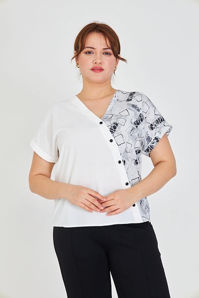 UNIQUE LADY Women S V-Neck Asymmetrical Print Blouse with Ornamental Button Detail - for Casual and Stylish Combinations