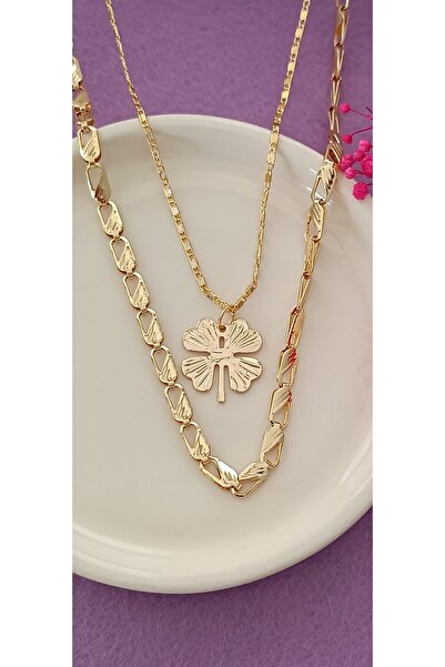 NAS fashion Kadın Çift Zincir Dört Yapraklı Yonca Kolye